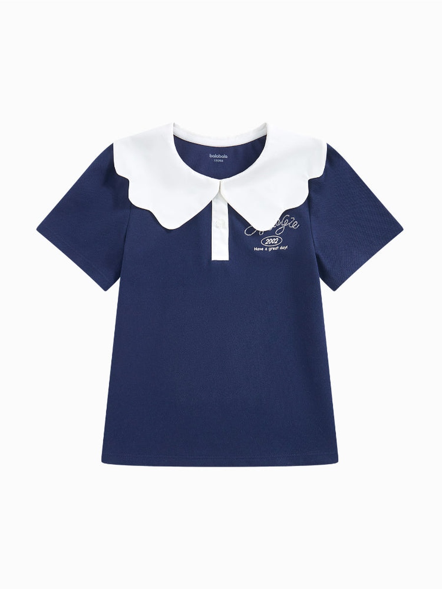 Short Sleeve T-Shirt with Embroidery and Wide Bib Collar