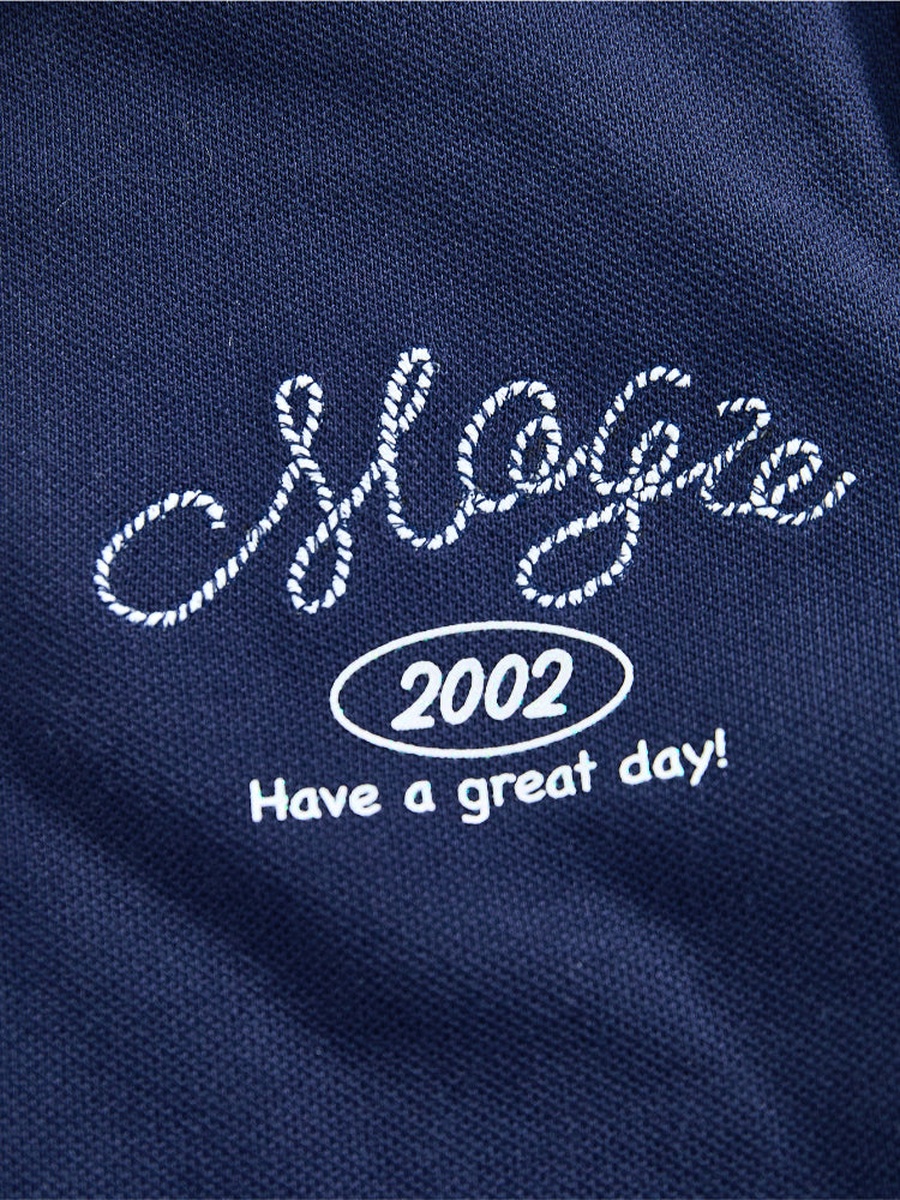 Short Sleeve T-Shirt with Embroidery and Wide Bib Collar