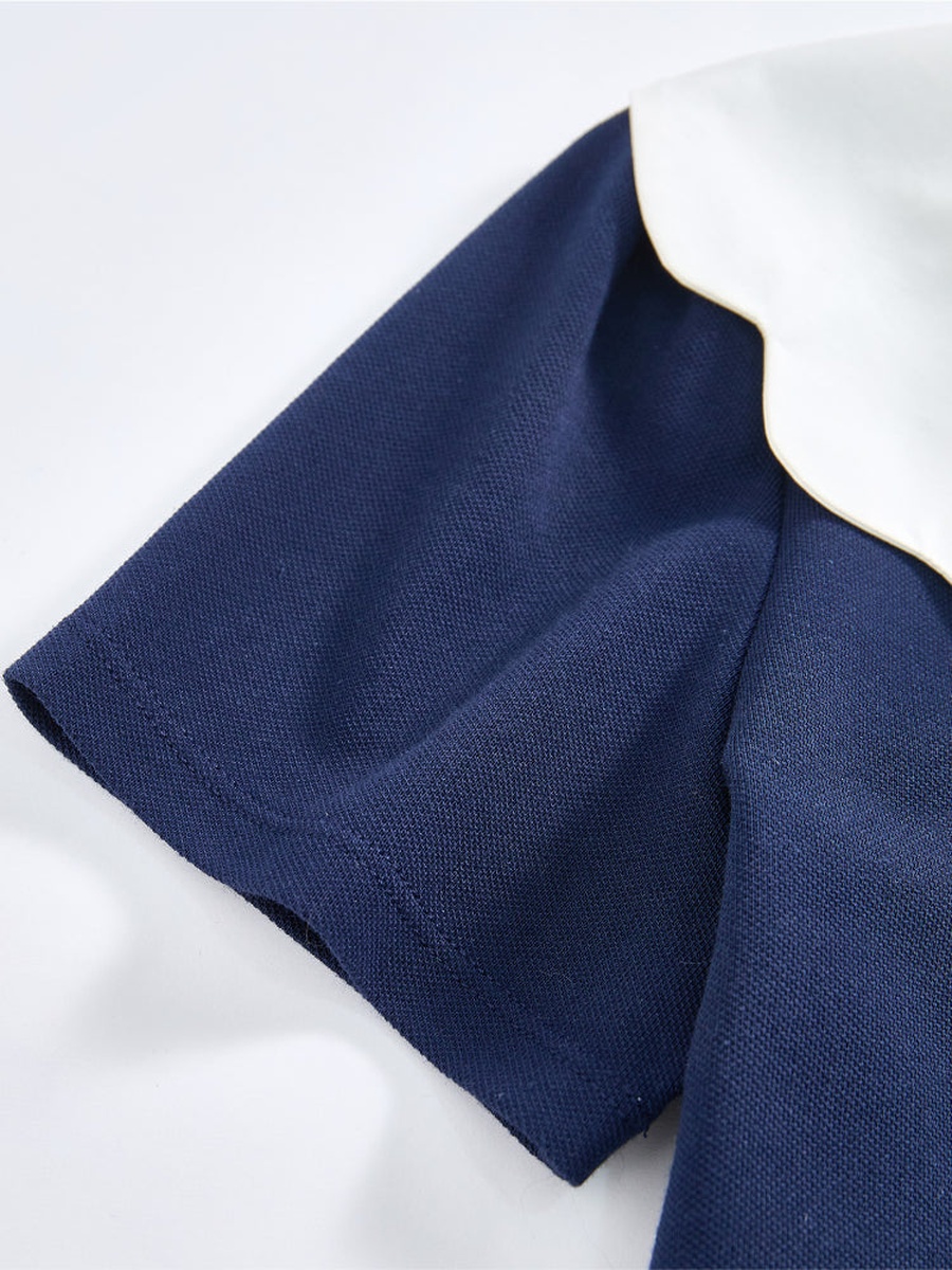 Short Sleeve T-Shirt with Embroidery and Wide Bib Collar