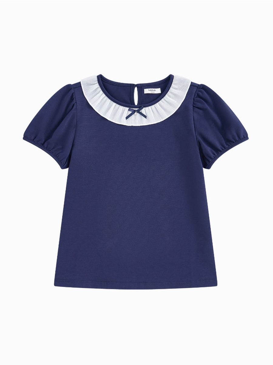 Short Sleeve T-Shirt with Ribbon and Ribbed Neck Detail