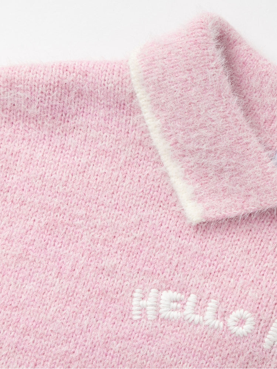 Fuzzy Polo Sweater with Cartoon Design