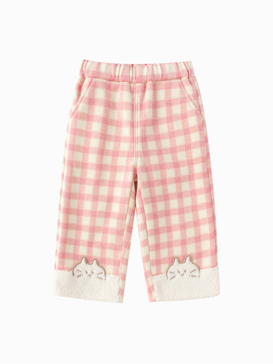 Checked Fleece Pants with Cat Patch Hem