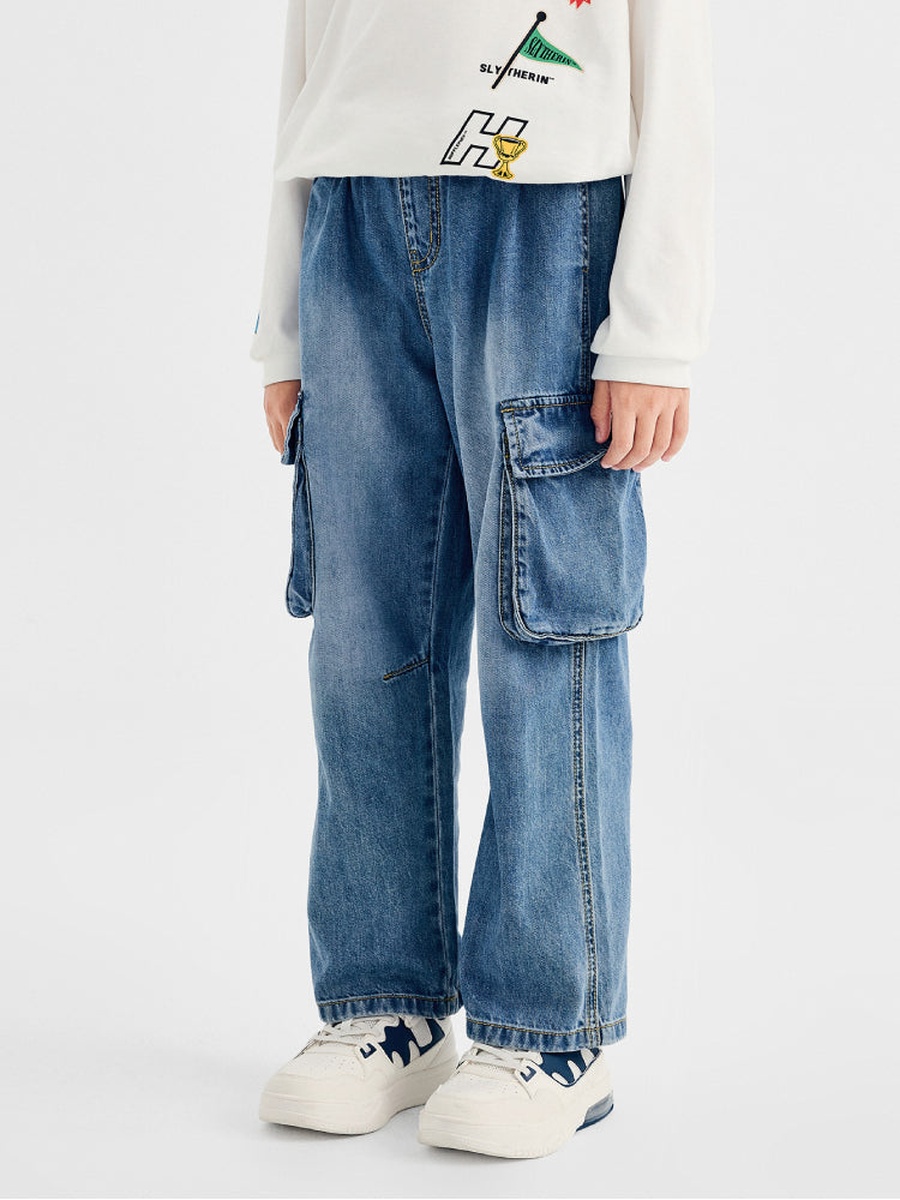 Wide-Leg Denim Cargo Pants