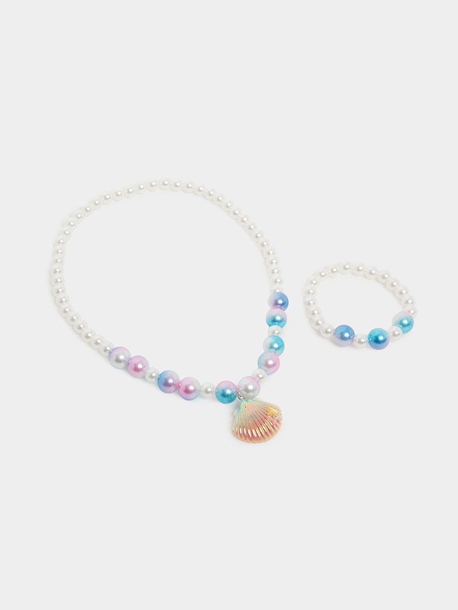 Girls Pearl and Seashell Necklace with Bracelet Jewelry Set 