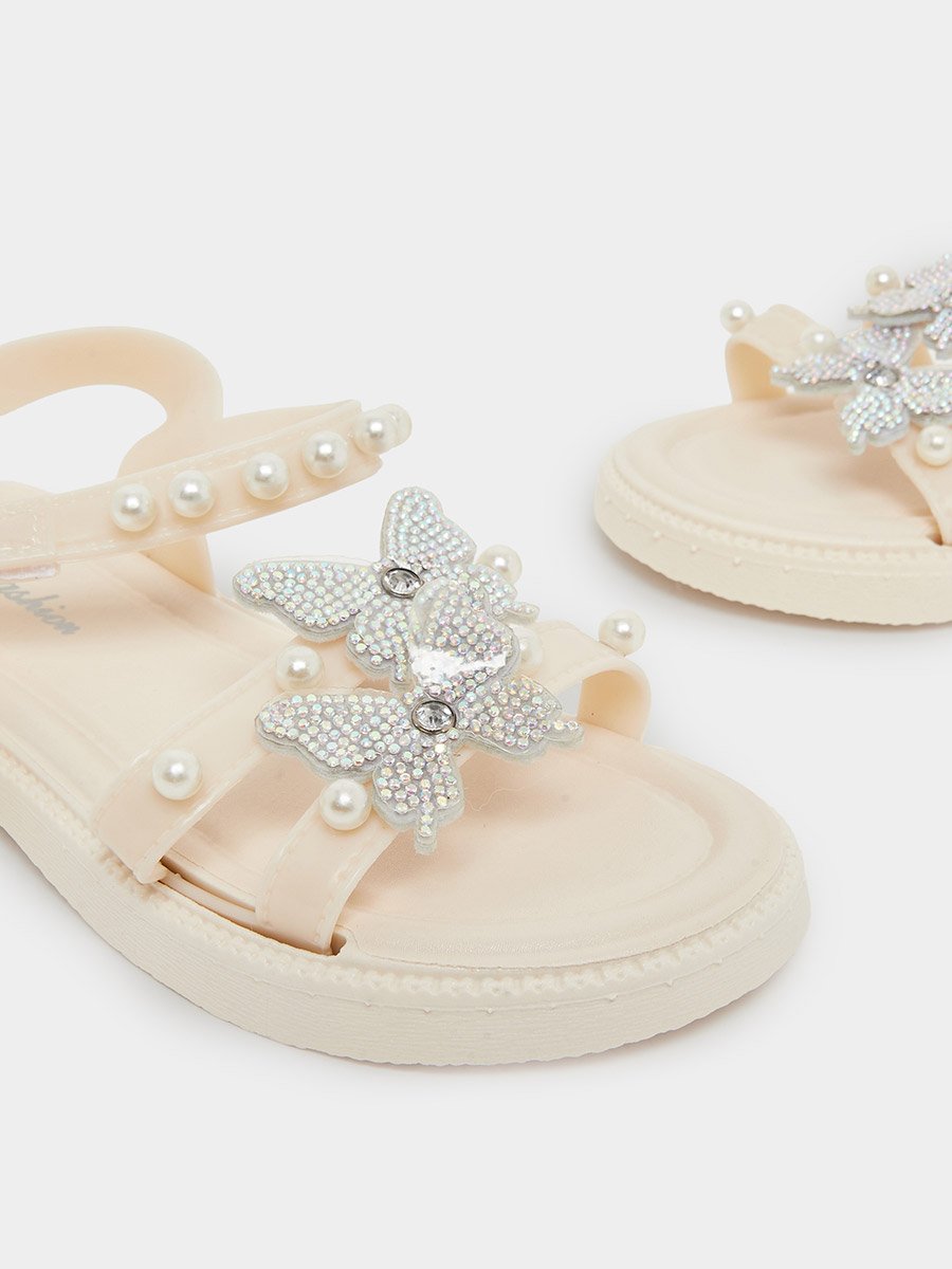 Girls Cream Embellished Sandals