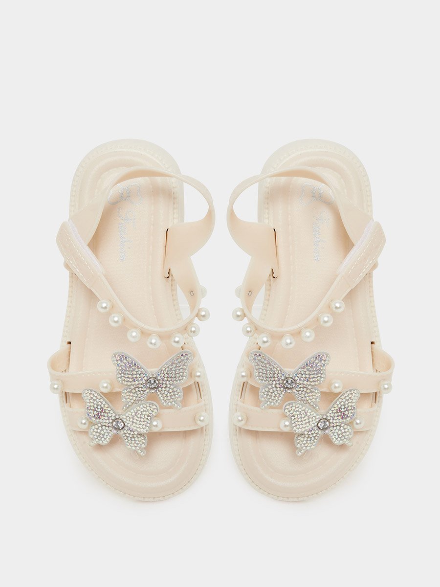 Girls Cream Embellished Sandals