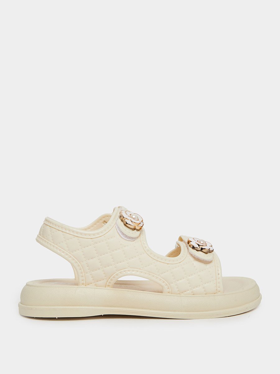 Beige Quilted Sandals with Flower Detail