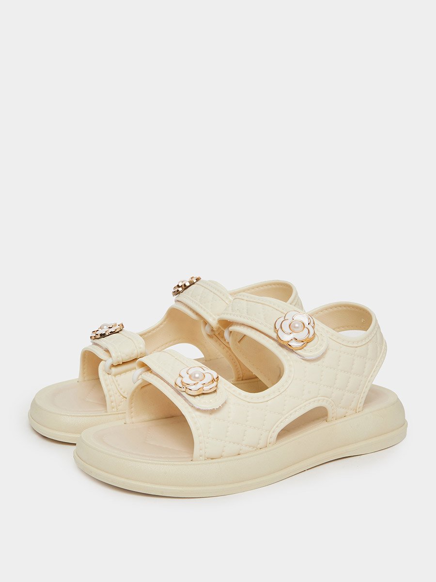 Beige Quilted Sandals with Flower Detail