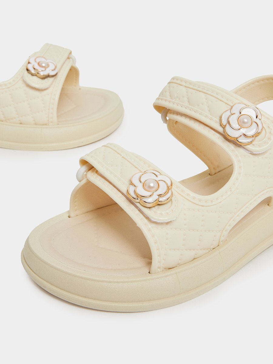Beige Quilted Sandals with Flower Detail