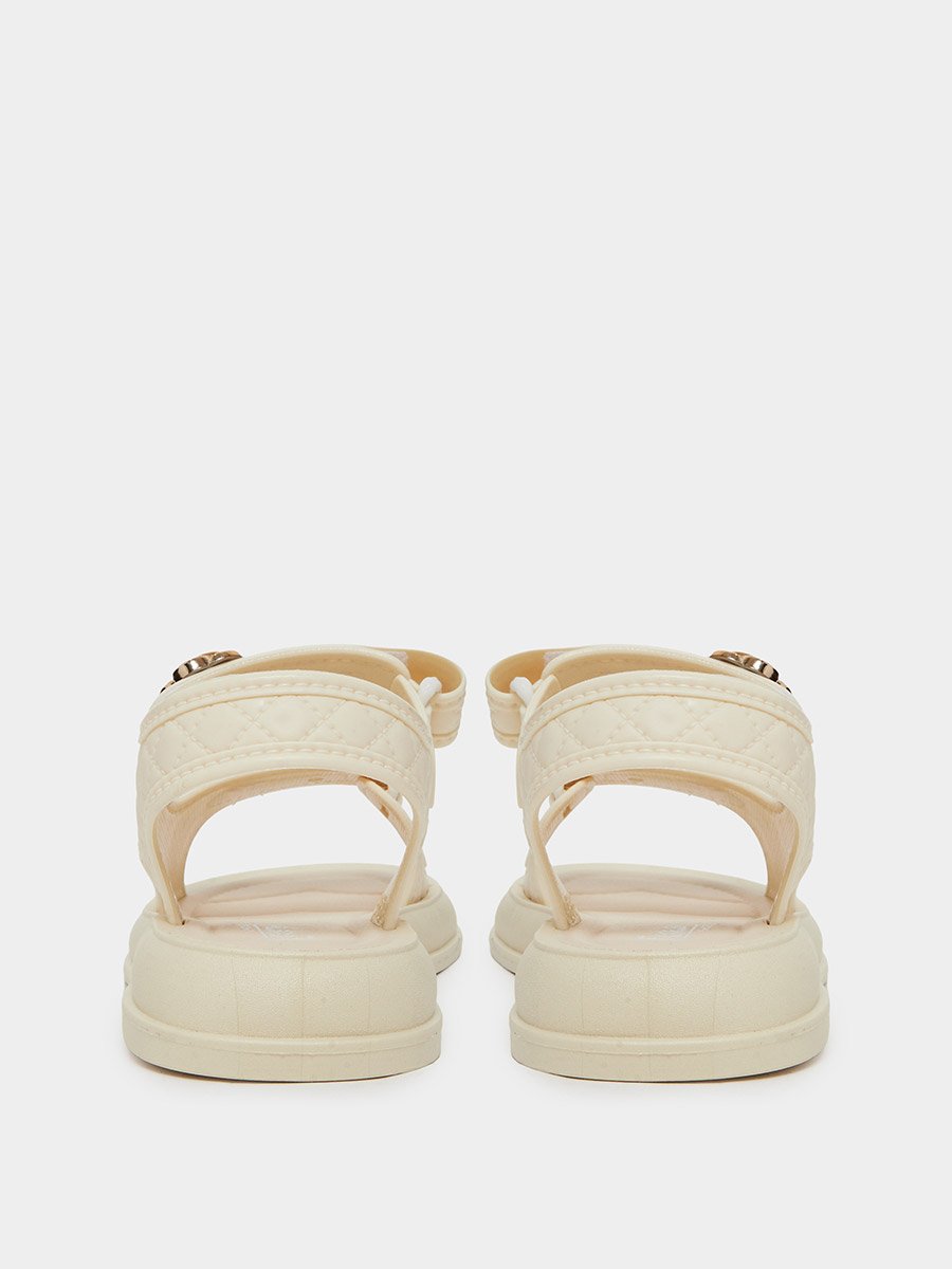 Beige Quilted Sandals with Flower Detail