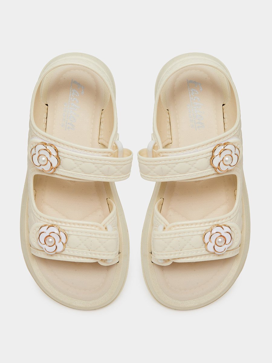 Beige Quilted Sandals with Flower Detail