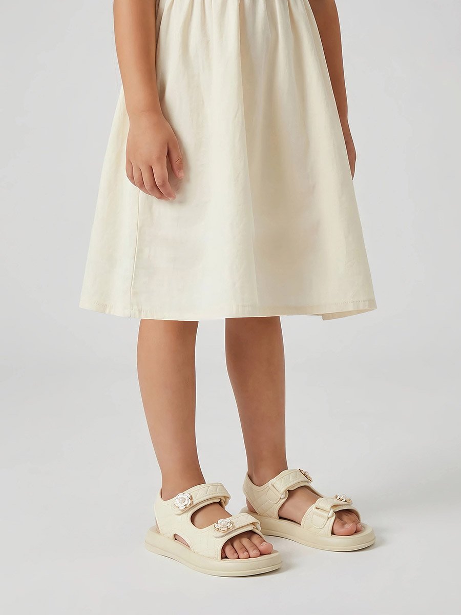 Beige Quilted Sandals with Flower Detail