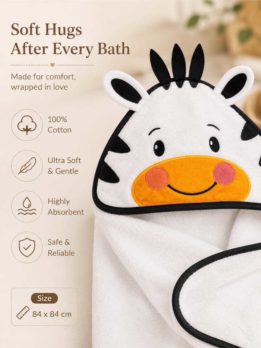 Kids 3D Organic Cotton Woven Hooded Towel - Zebra