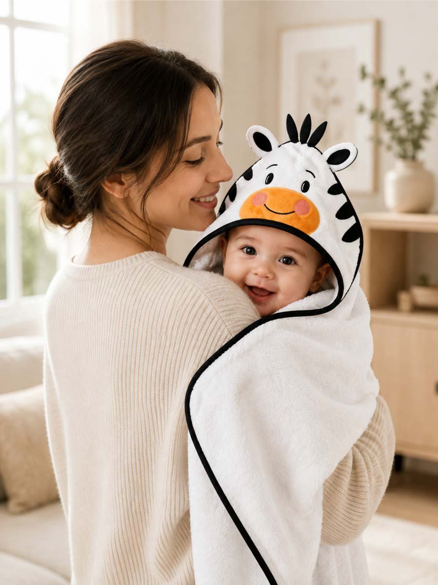 Kids 3D Organic Cotton Woven Hooded Towel - Zebra