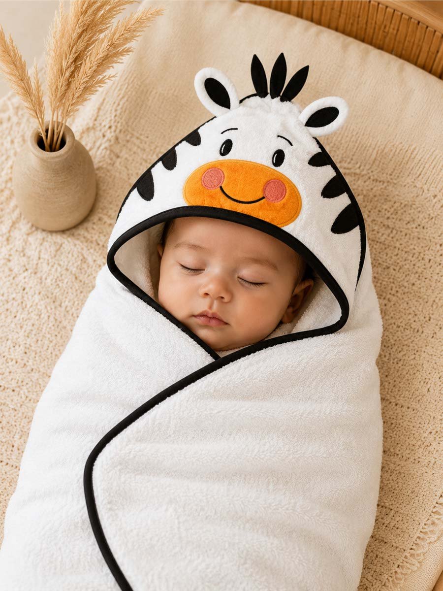 Kids 3D Organic Cotton Woven Hooded Towel - Zebra