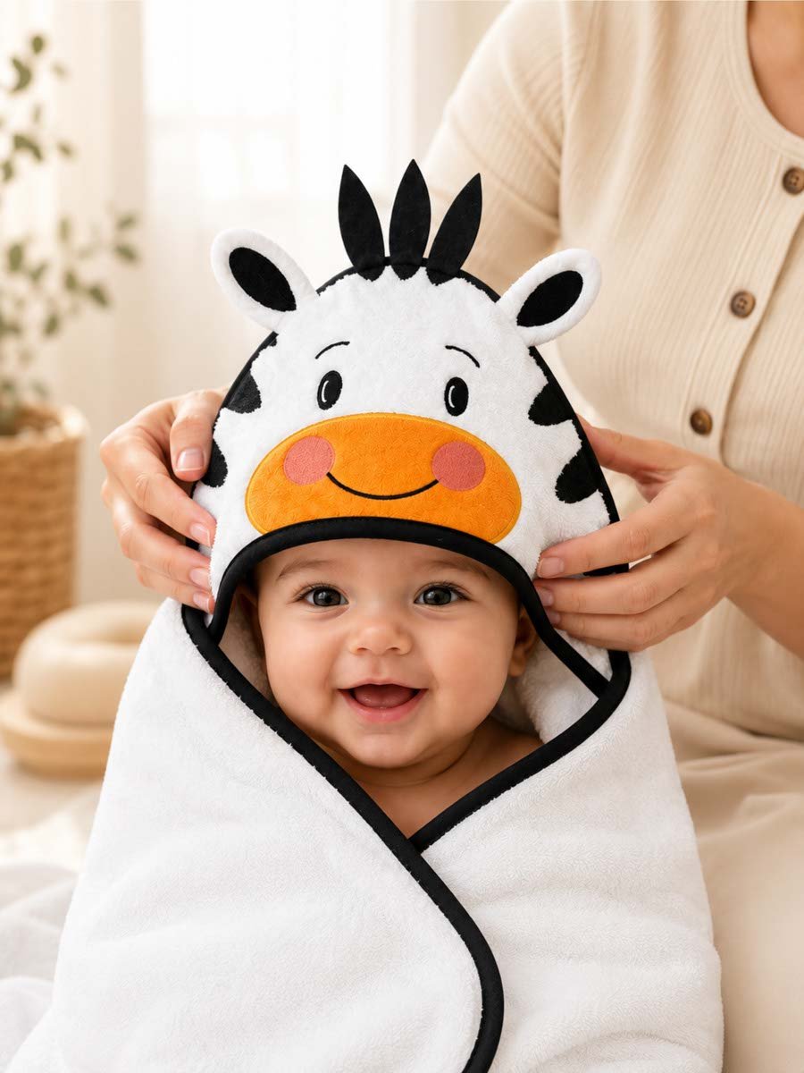 Kids 3D Organic Cotton Woven Hooded Towel - Zebra