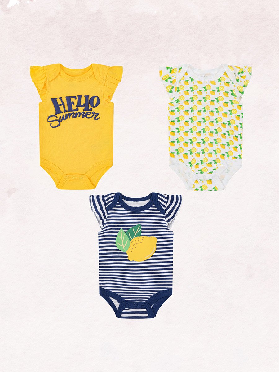 Pack of 3 -Lemon Print Ruffle Sleeve Bodysuit
