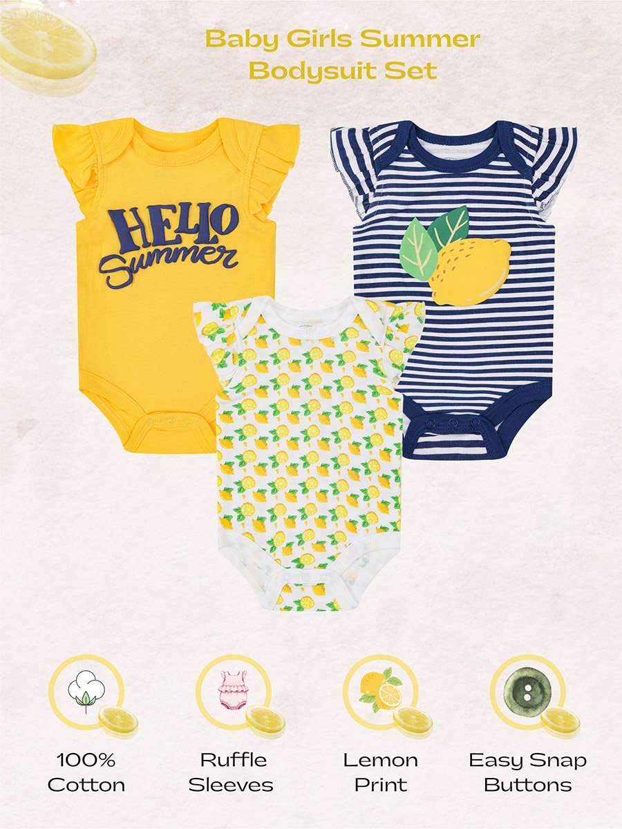 Pack of 3 -Lemon Print Ruffle Sleeve Bodysuit