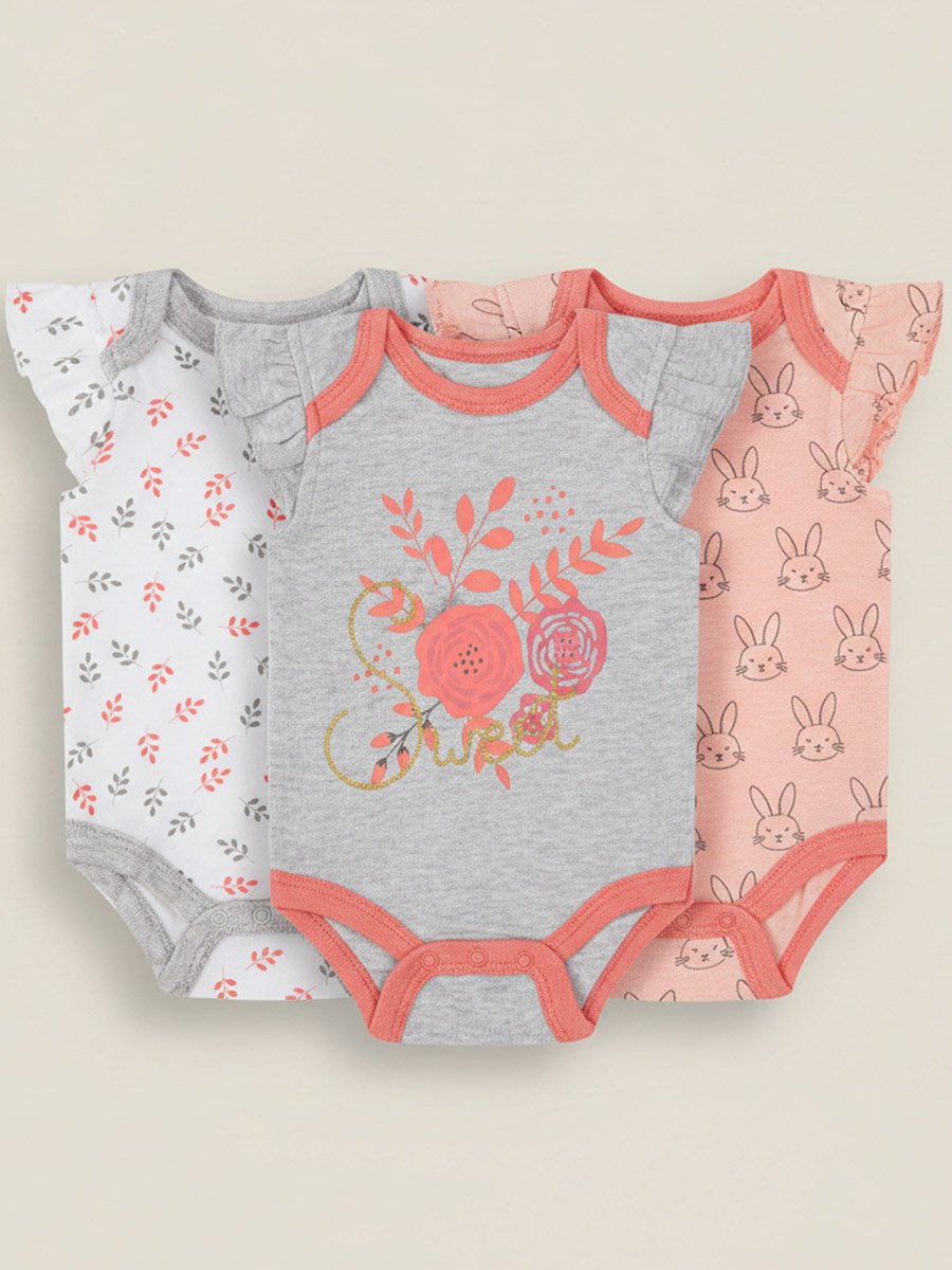 Pack of 3 -Frill Sleeve Bloom Print Bodysuit