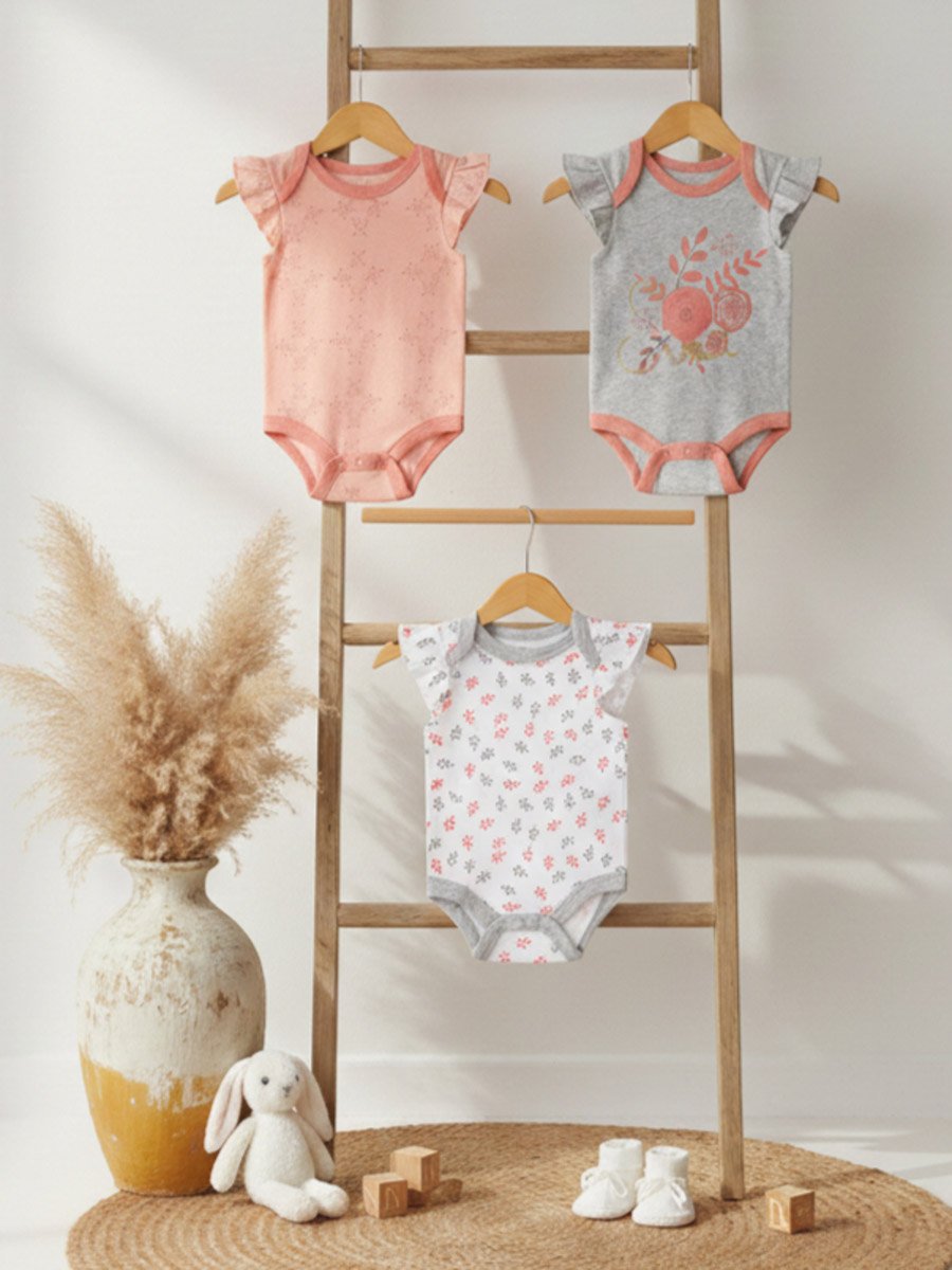 Pack of 3 -Frill Sleeve Bloom Print Bodysuit
