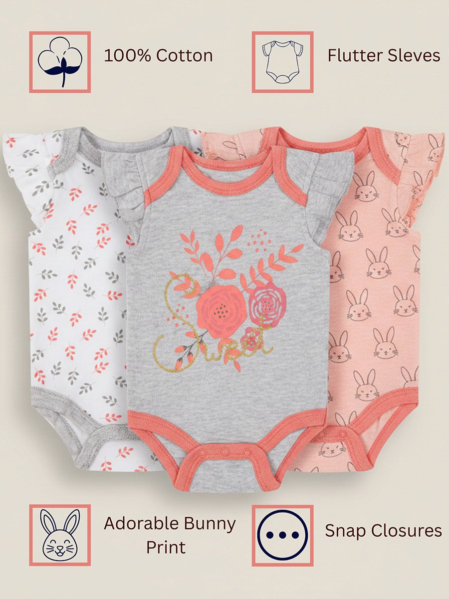 Pack of 3 -Frill Sleeve Bloom Print Bodysuit