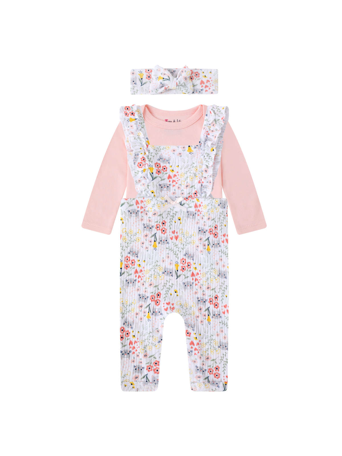 3-Piece Floral Dungaree, Bodysuit and Headband Set