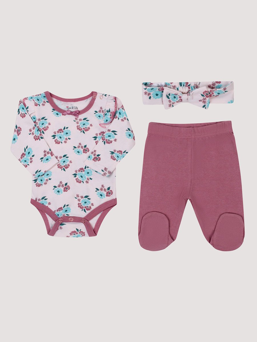 3-Piece Floral Bodysuit, Pants and Headband