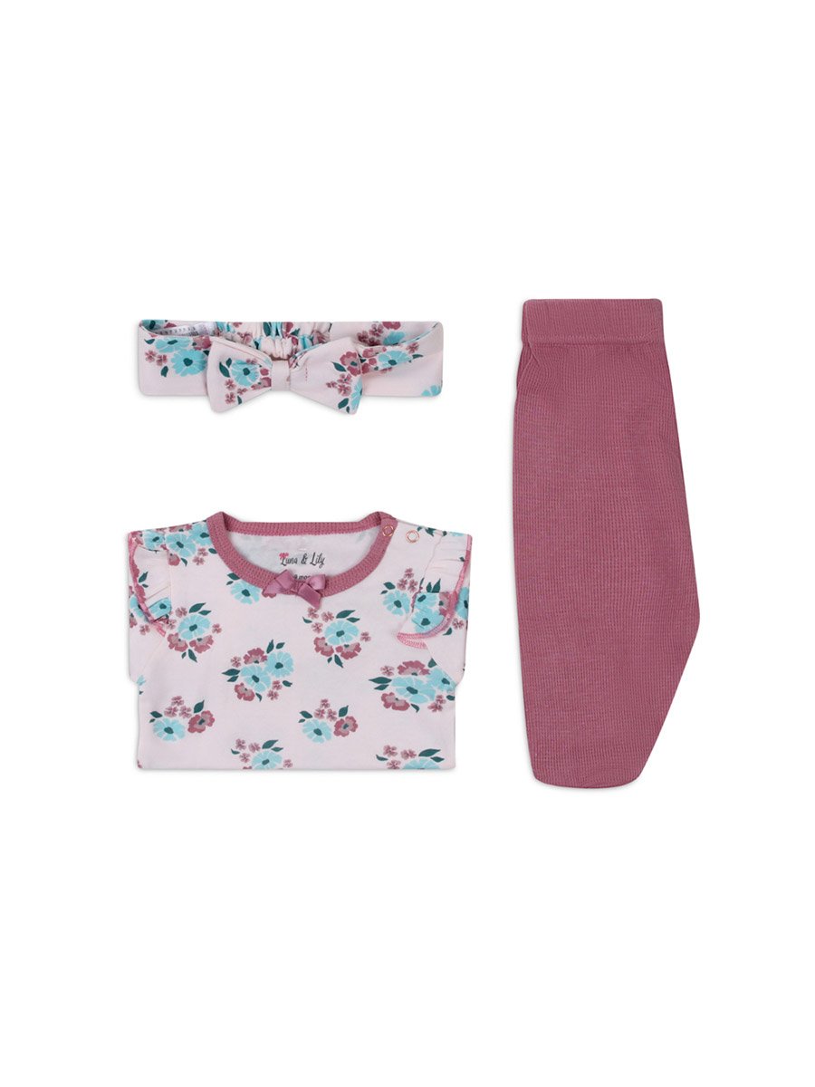 3-Piece Floral Bodysuit, Pants and Headband