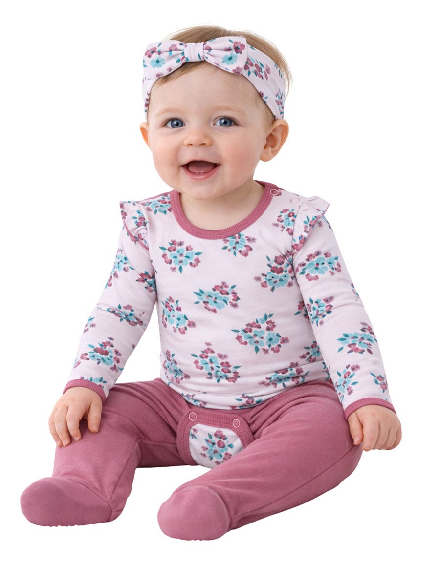 3-Piece Floral Bodysuit, Pants and Headband