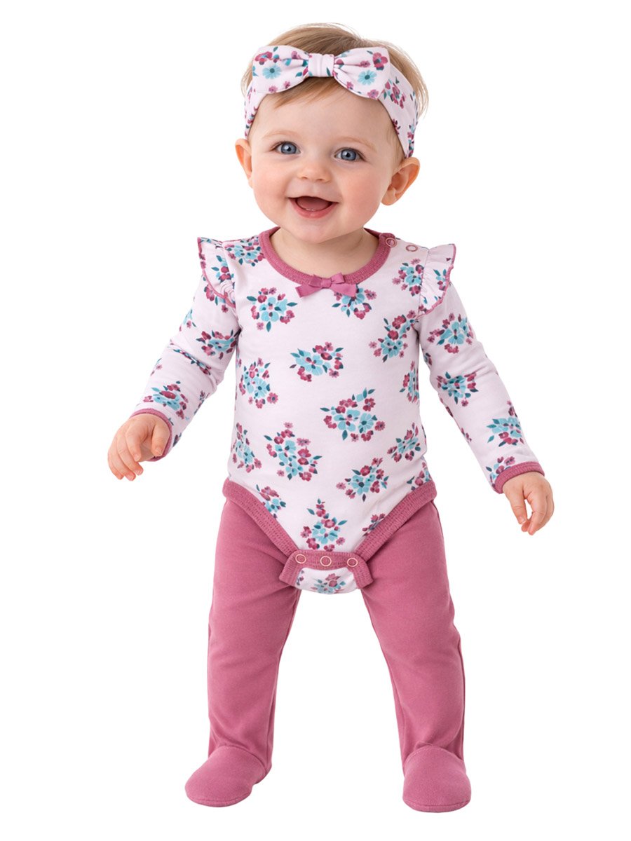 3-Piece Floral Bodysuit, Pants and Headband