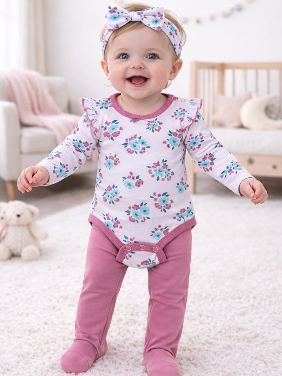 3-Piece Floral Bodysuit, Pants and Headband