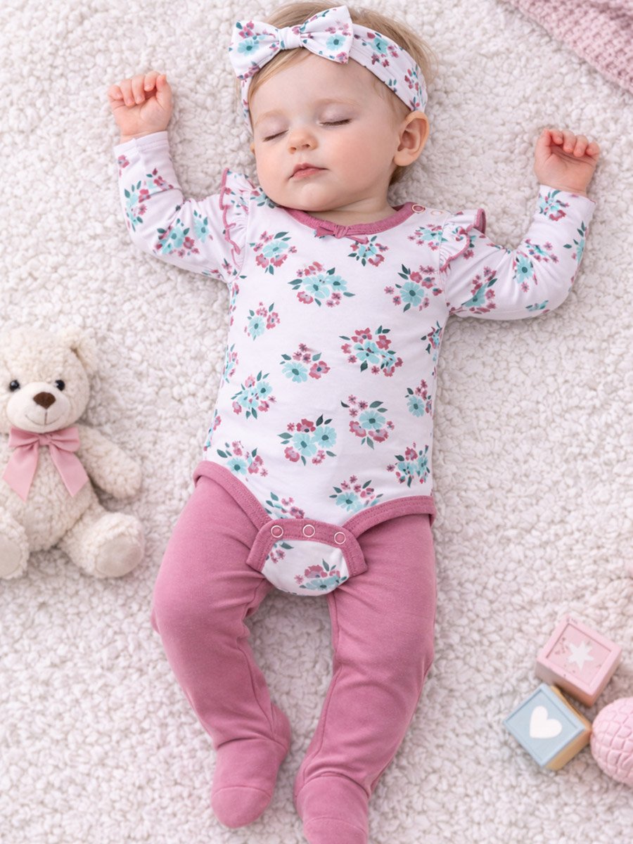 3-Piece Floral Bodysuit, Pants and Headband
