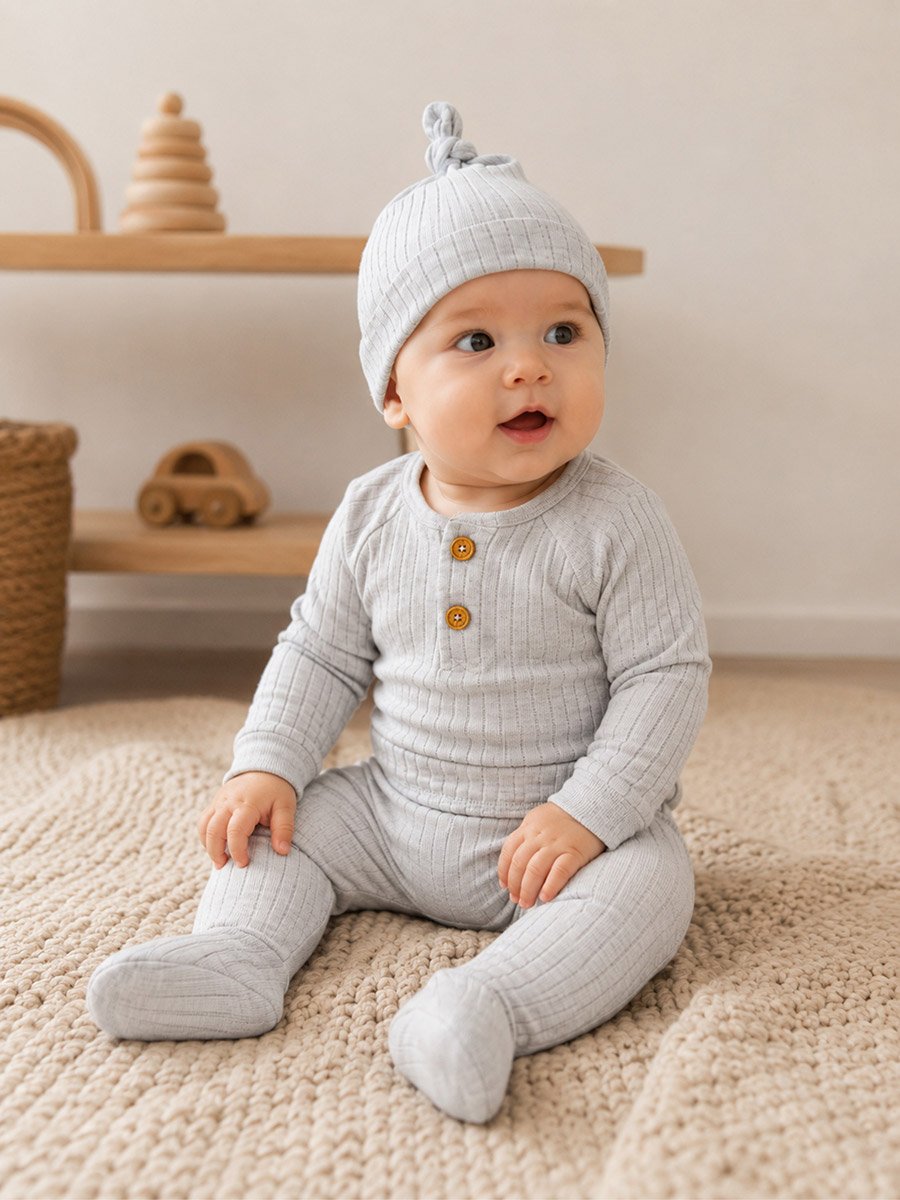 3-Piece Ribbed Bodysuit, Footed Pants and Soft Hat Set