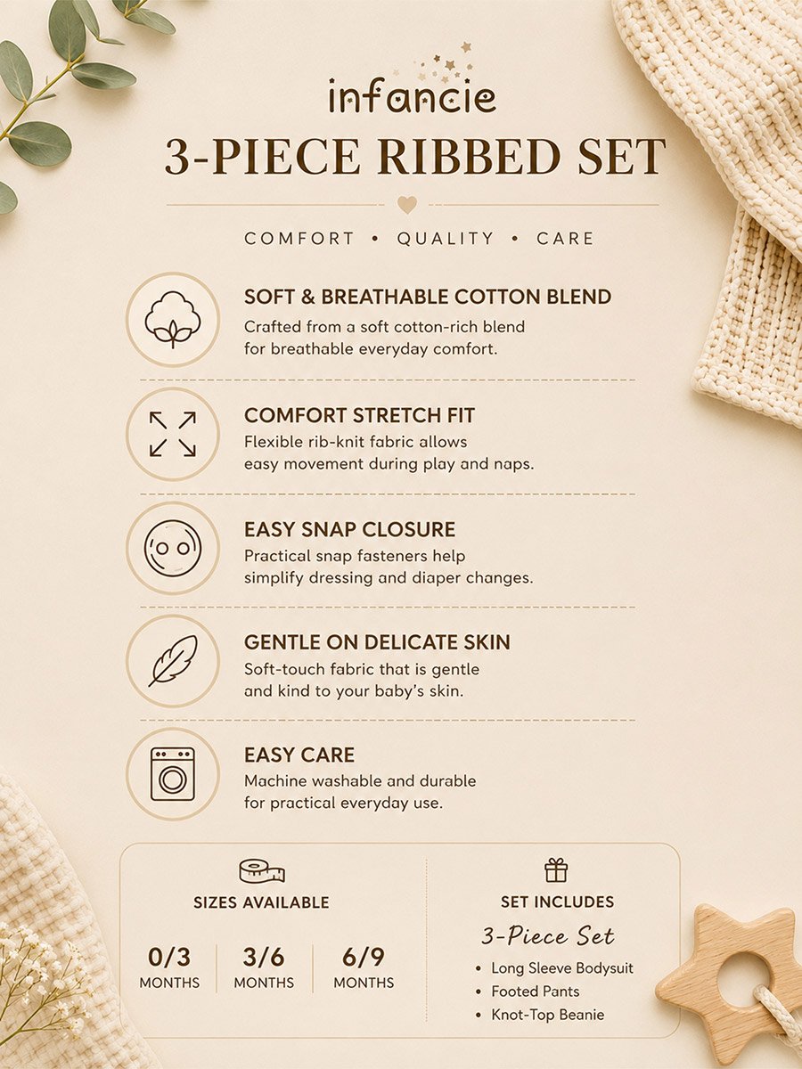 3-Piece Ribbed Bodysuit, Footed Pants and Soft Hat Set