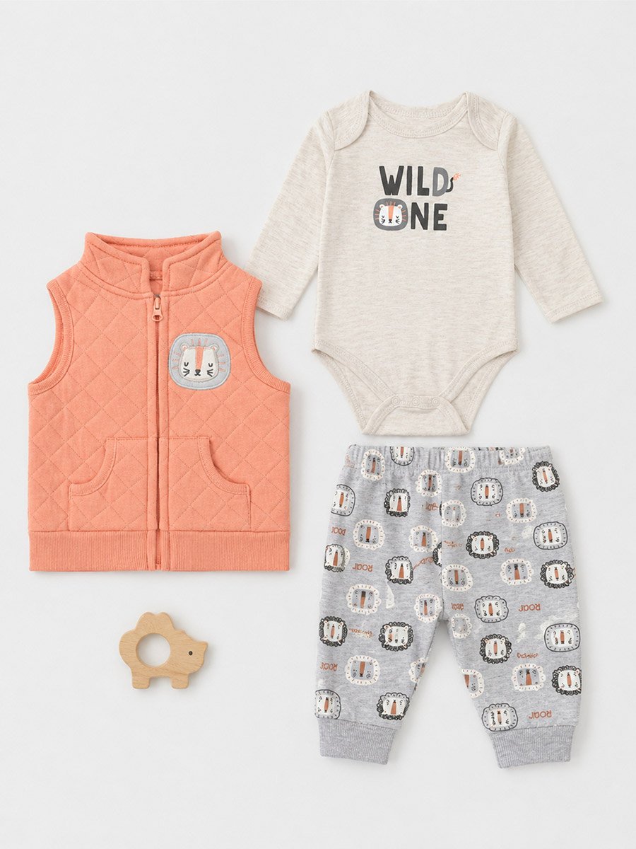 3-Piece Graphic Bodysuit, Patterned Pants and Animal Patch Vest