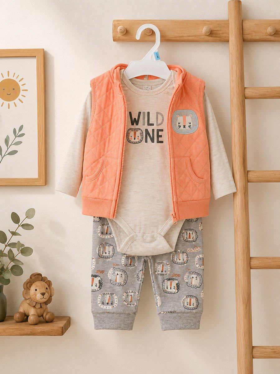 3-Piece Graphic Bodysuit, Patterned Pants and Animal Patch Vest