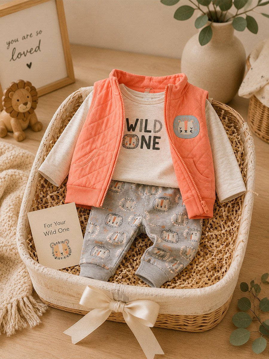 3-Piece Graphic Bodysuit, Patterned Pants and Animal Patch Vest