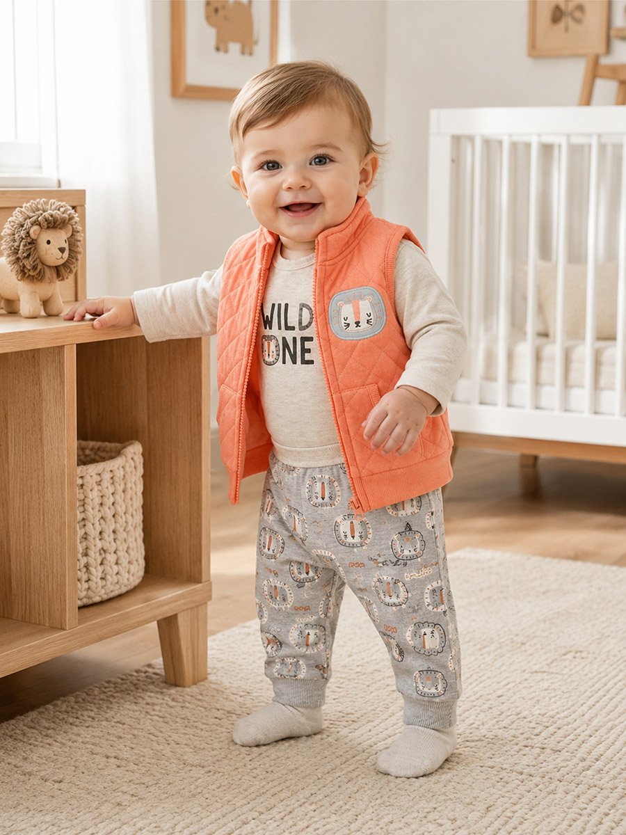 3-Piece Graphic Bodysuit, Patterned Pants and Animal Patch Vest