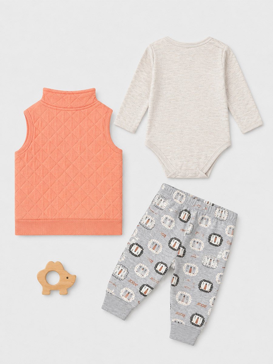 3-Piece Graphic Bodysuit, Patterned Pants and Animal Patch Vest