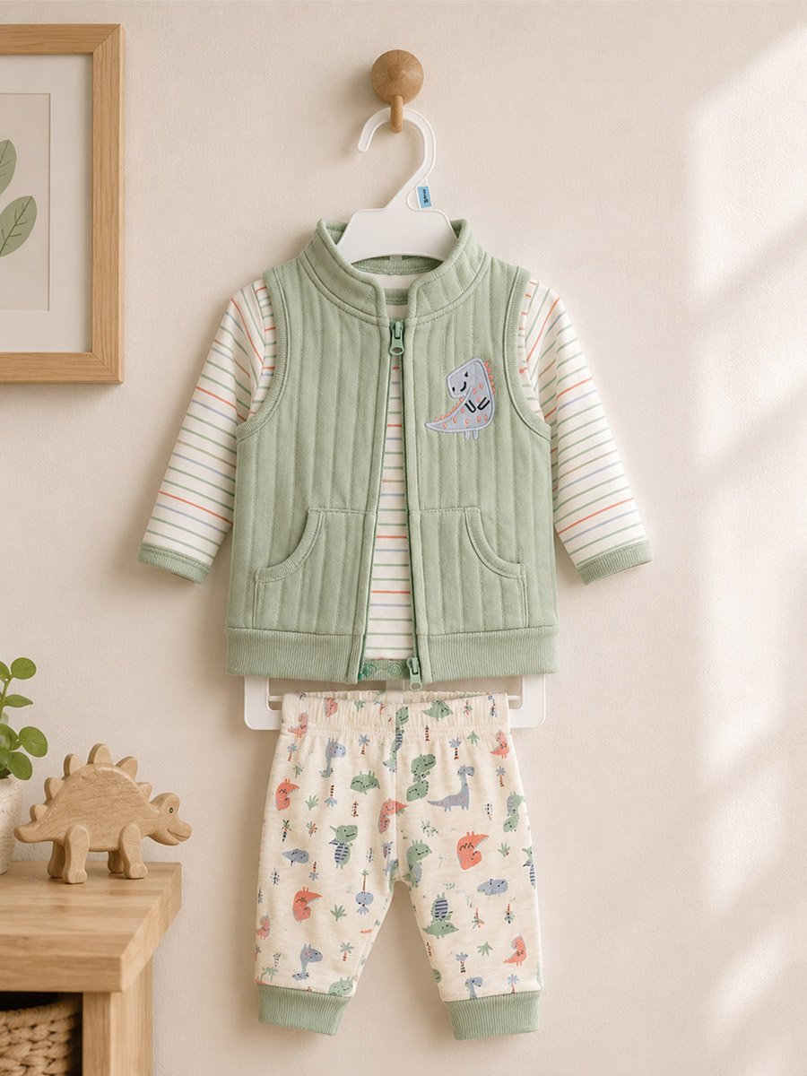 3-Piece Graphic Bodysuit, Patterned Pants and Animal Patch Vest