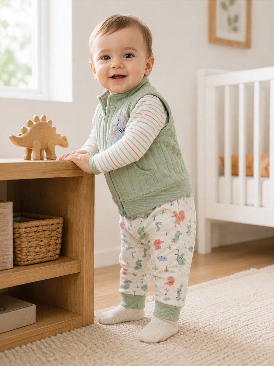 3-Piece Graphic Bodysuit, Patterned Pants and Animal Patch Vest