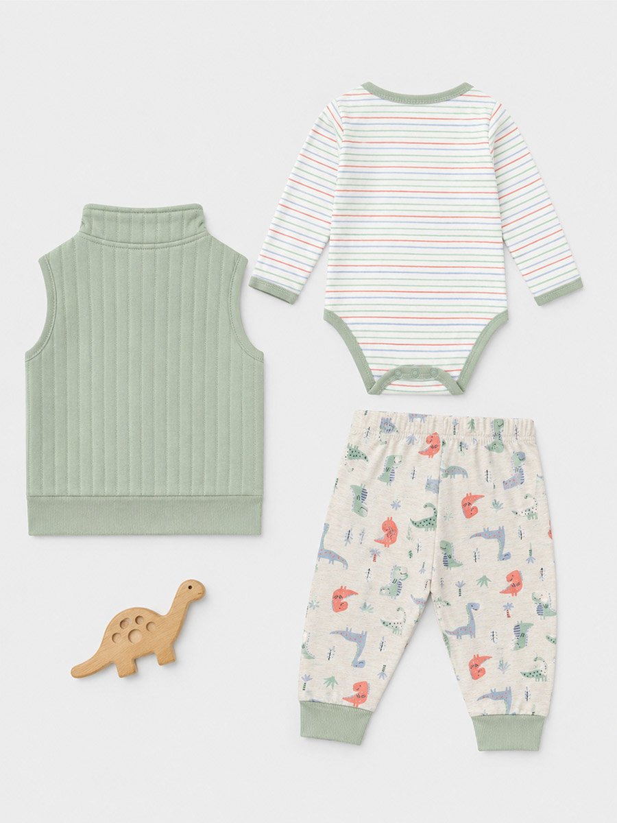3-Piece Graphic Bodysuit, Patterned Pants and Animal Patch Vest