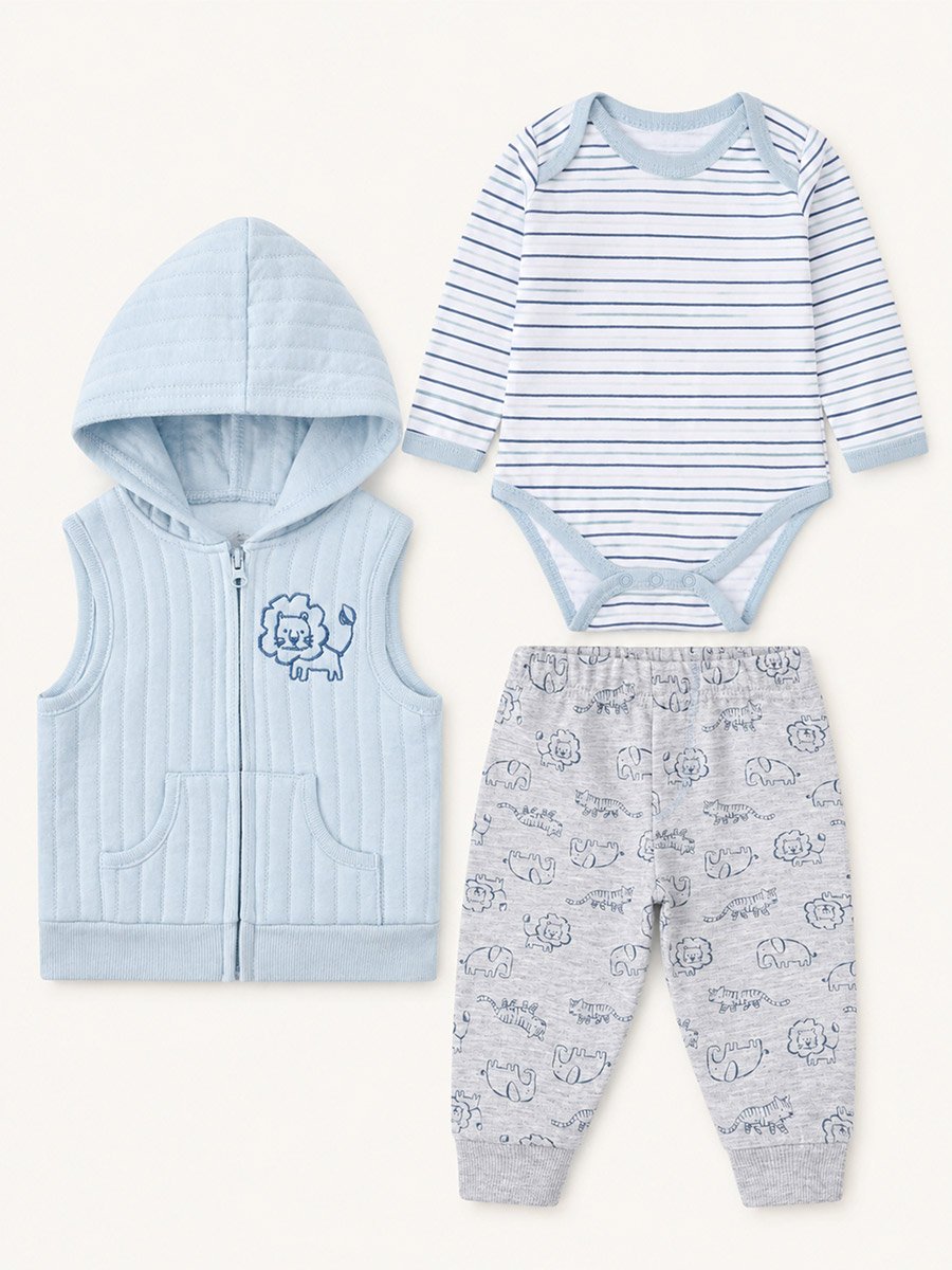 3-Piece Striped Bodysuit, Patterned Pants and Hooded Vest
