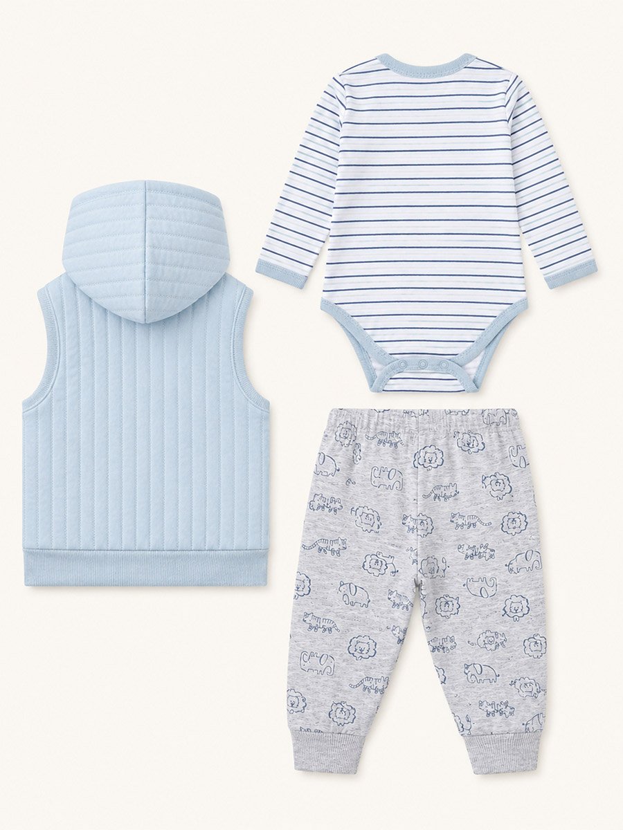 3-Piece Striped Bodysuit, Patterned Pants and Hooded Vest