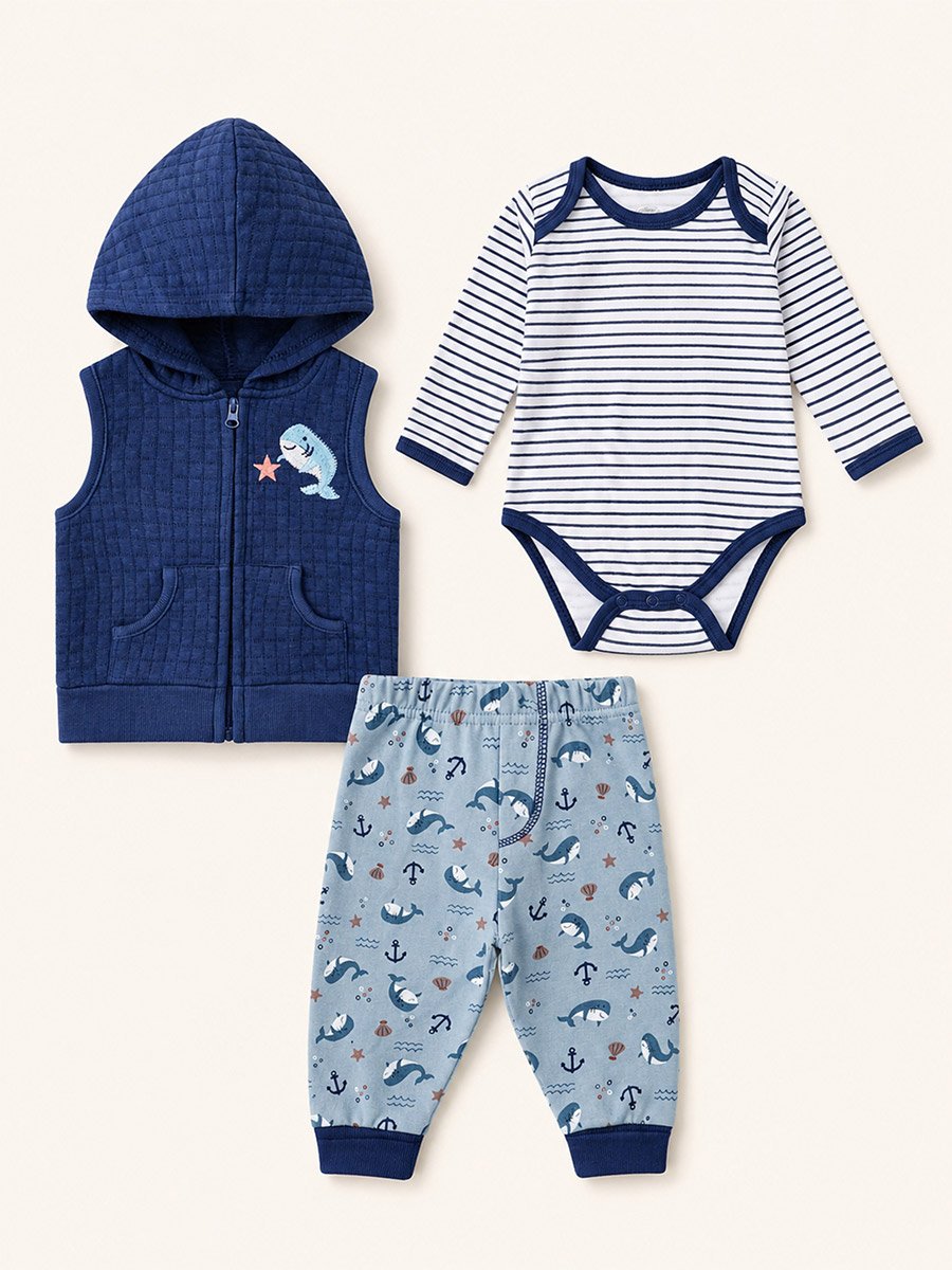 3-Piece Striped Bodysuit, Patterned Pants and Quilted Vest