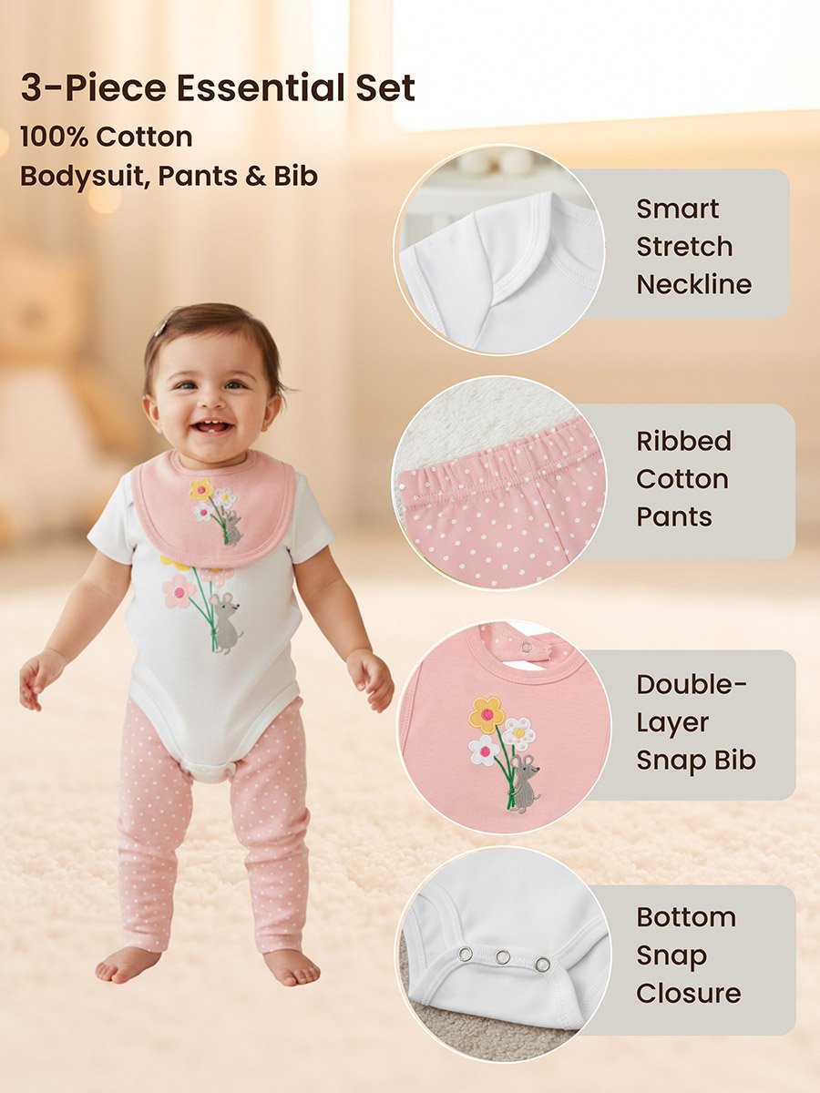 3-Piece Graphic Bodysuit, Soft Pants and Bib Set