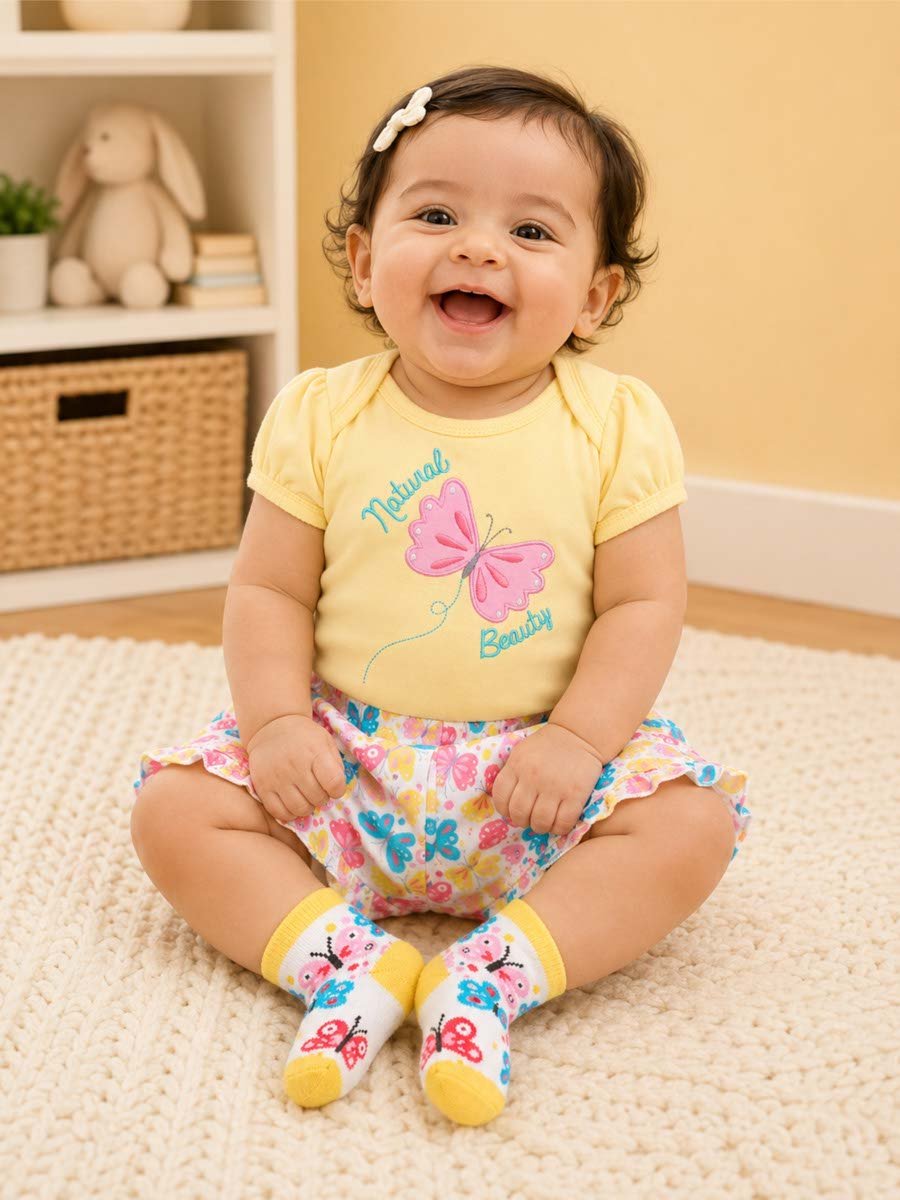 3-Piece Butterfly Print Bodysuit, Shorts and Socks Set