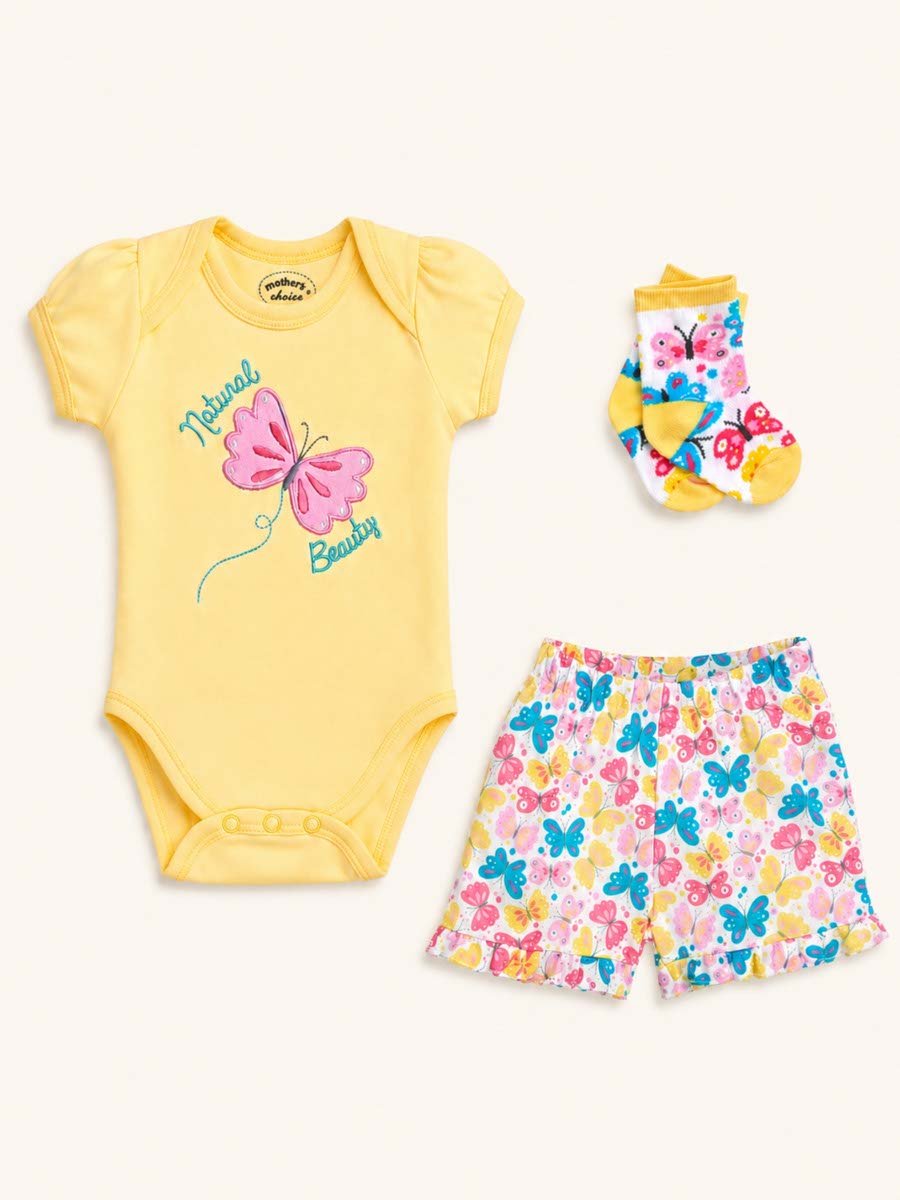 3-Piece Butterfly Print Bodysuit, Shorts and Socks Set