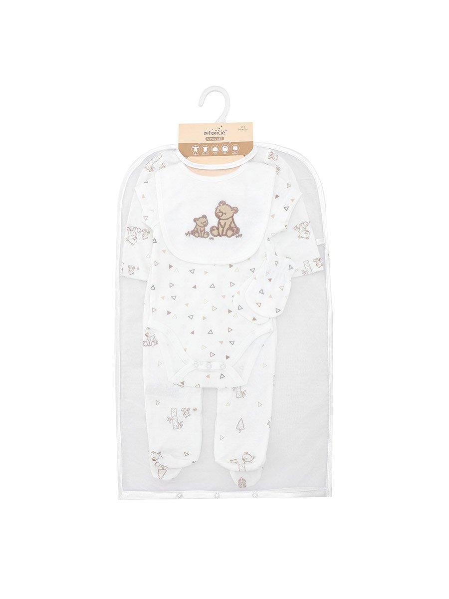 5-Piece Bear Print Onesie, Cap, Bib, Mittens and Bodysuit