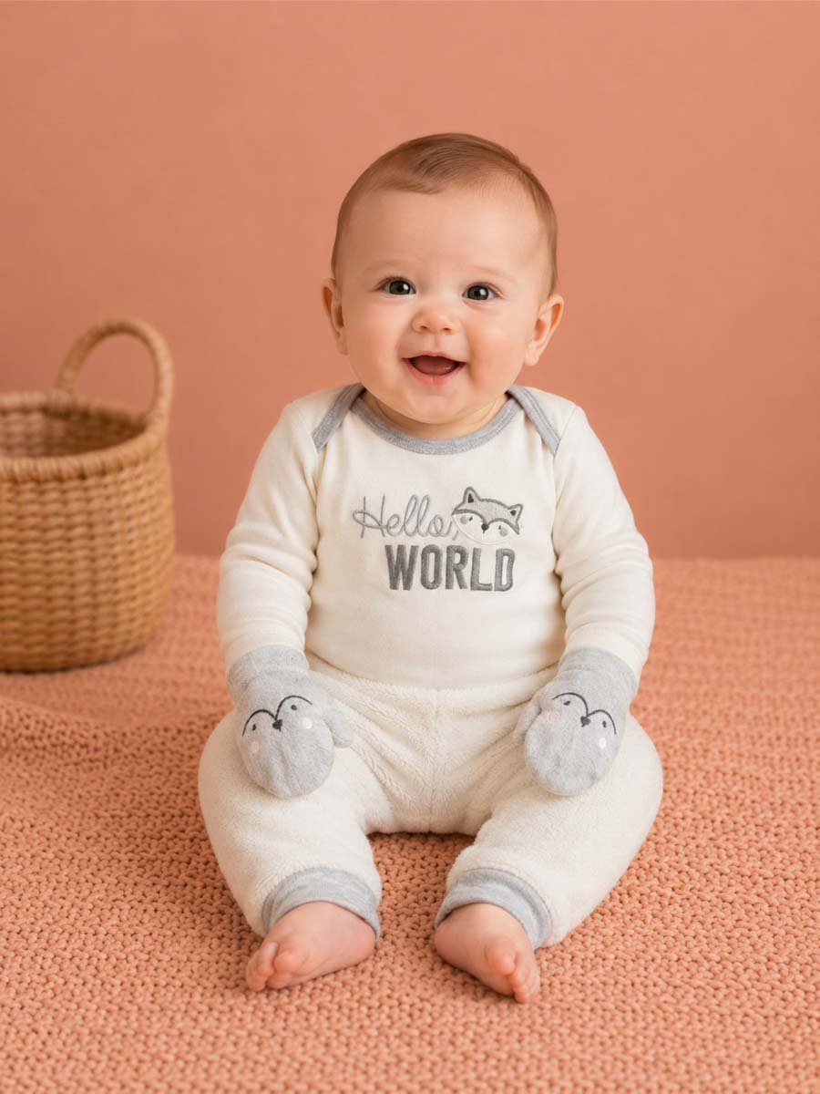 3-Piece Printed Bodysuit, Joggers and Mittens Set